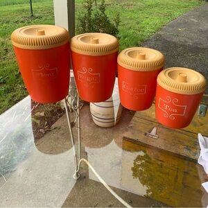 Vintage MCM Orange Tea Coffee Sugar Flour Round Cannister Set Plastic 60s 70s